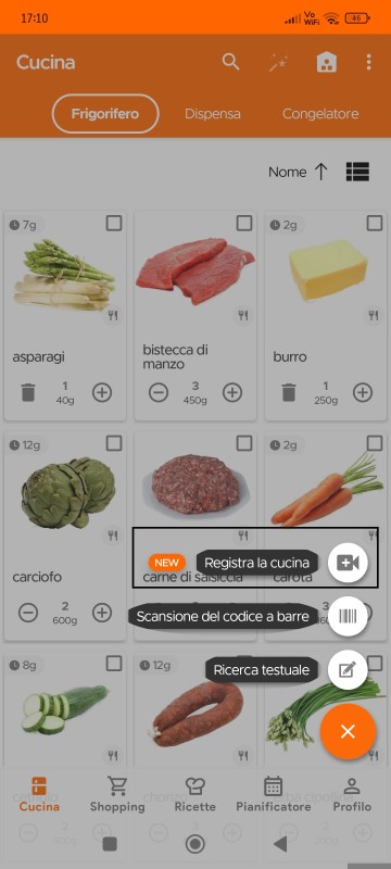 Kitchen page with Record Kitchen button